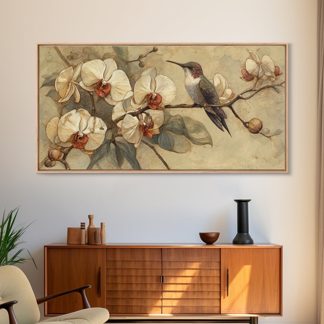 Orchid and Hummingbird Composition Canvas Print, Tropical Art, Digital Prints, Living Room Decor, Tropic 154, Set of Prints, TRO-2x1-54