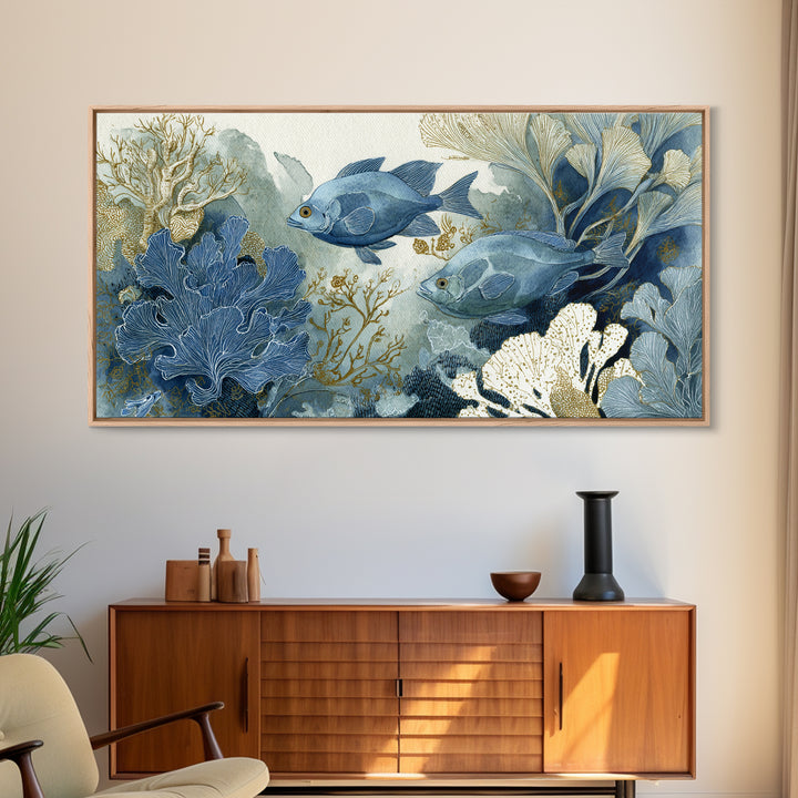 Tropical Fish over Coral Reef Framed Canvas Print, Tropical Art, Set of 3 Prints, Living Room Decor, Fine Art, Tropic, TRO-2x1-55