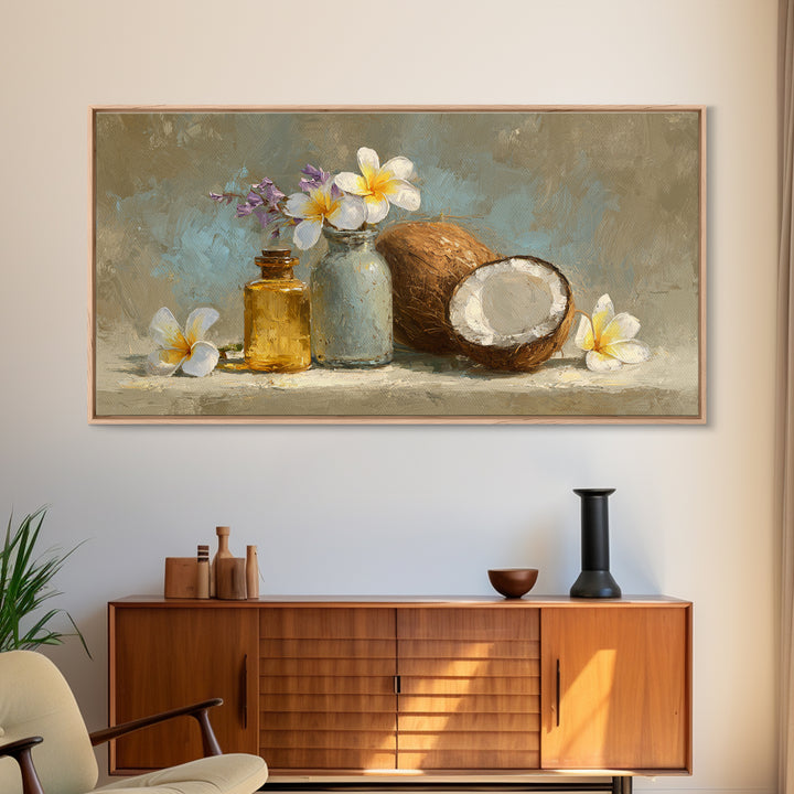 Coconut and Plumeria Still Life Framed Canvas Print, Tropical Art, Art Print, Living Room Decor, Tropic, Abstract Painting, TRO-2x1-56