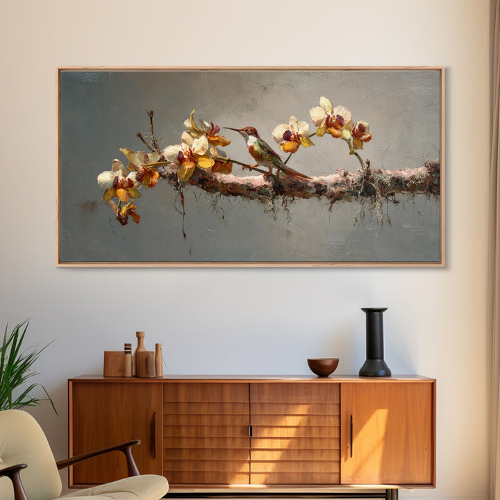 Orchid and Hummingbird Composition Framed Canvas Print, Tropical Art, Minimalist Decor, Living Room Decor, Fine Art, Tropic, TRO-2x1-6