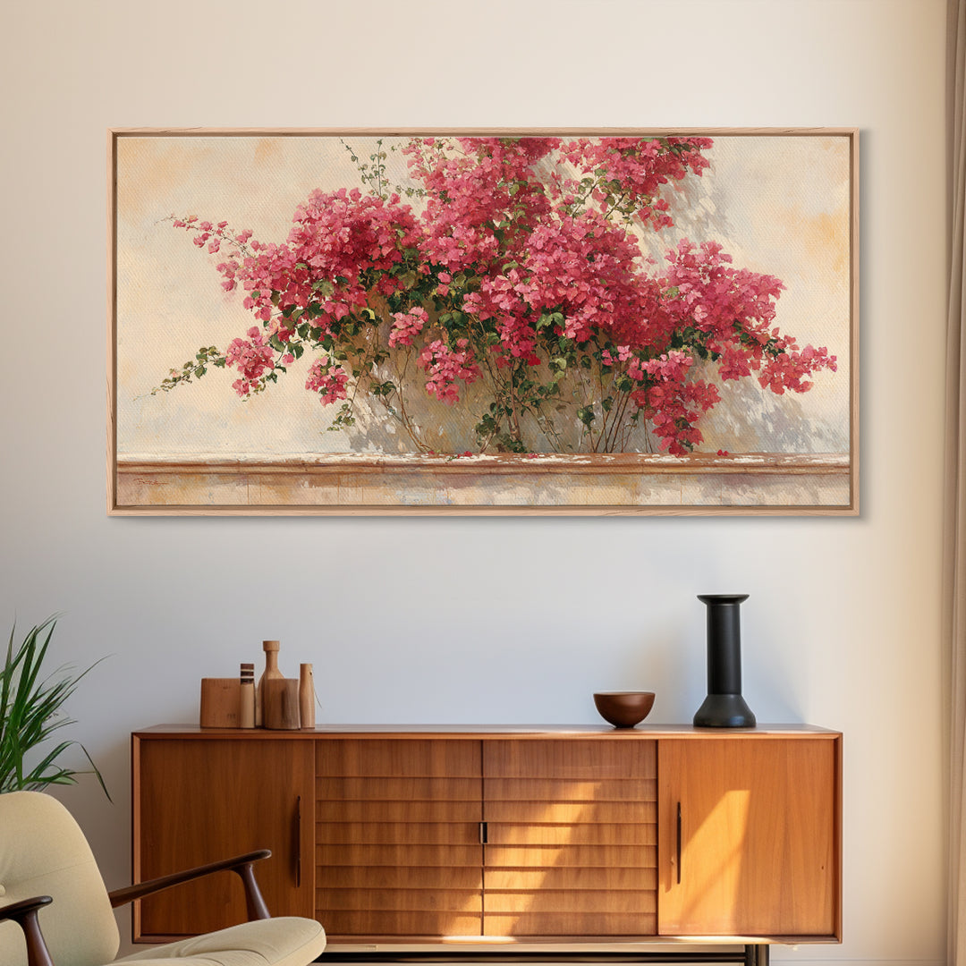 Pink Bougainvillea over White Wall Framed Canvas Print, Tropical Art, Digital Art, Living Room Decor, Oil Painting, Tropic, TRO-2x1-60
