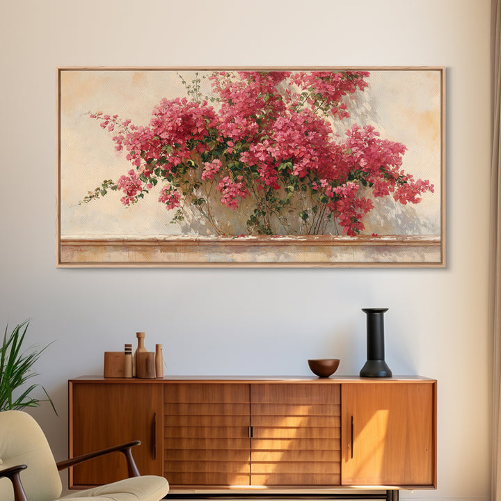 Pink Bougainvillea over White Wall Framed Canvas Print, Tropical Art, Digital Art, Living Room Decor, Oil Painting, Tropic, TRO-2x1-60