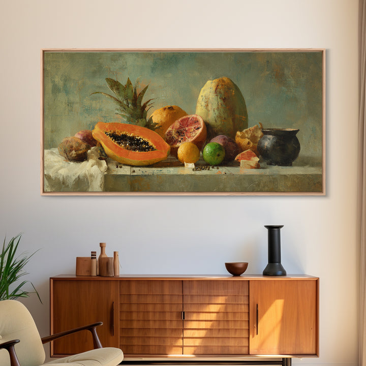 Bright Papaya and Lime Still Life Canvas Print, Tropical Art, Printable Wall Art, Living Room Decor, Watercolor Art, Tropic, TRO-2x1-68