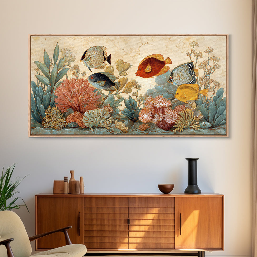 Tropical Fish over Coral Reef Framed Canvas Print, Tropical Art, Print, Living Room Decor, Fine Art, Tropic, Coastal Wall Art, TRO-2x1-7
