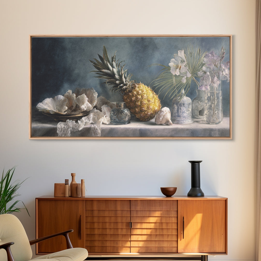 Pineapple and Palm Still Life Canvas Print, Tropical Art, Printable Wall Art, Living Room Decor, Watercolor Art, Tropic, TRO-2x1-74