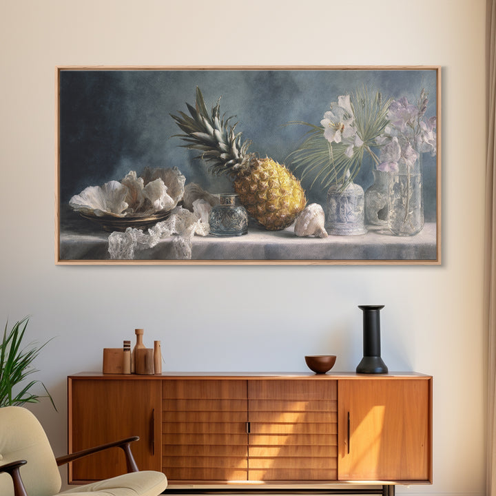 Pineapple and Palm Still Life Canvas Print, Tropical Art, Printable Wall Art, Living Room Decor, Watercolor Art, Tropic, TRO-2x1-74