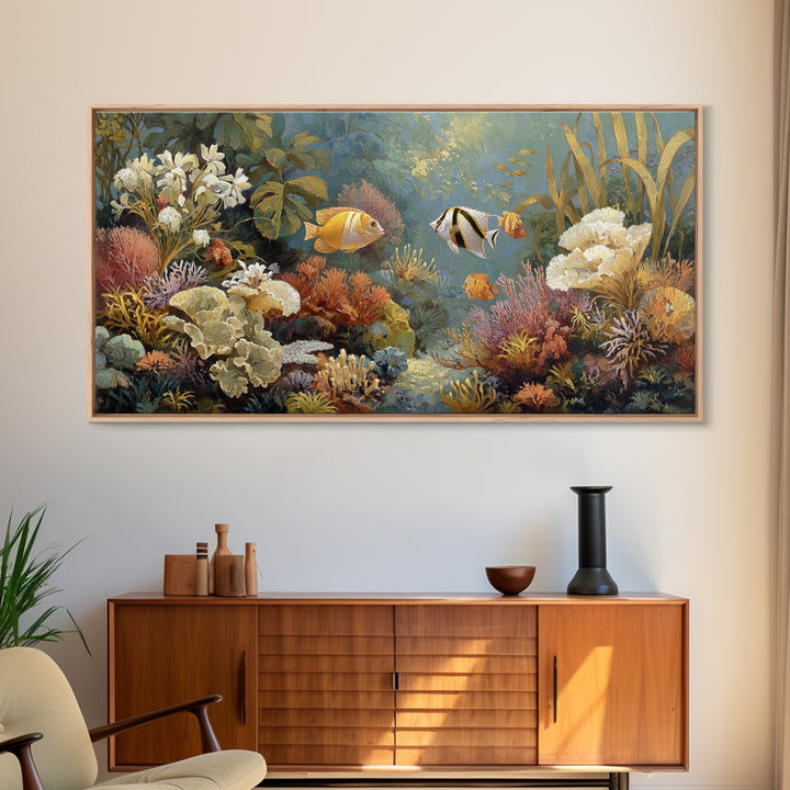 Tropical Fish over Coral Reef Framed Canvas Print, Tropical Art, Whimsical Art, Living Room Decor, Fine Art, Tropic, TRO-2x1-79