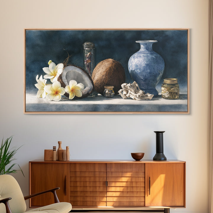 Coconut and Plumeria Still Life Framed Canvas Print, Tropical Art, Coastal Wall Art, Living Room Decor, Fine Art, Tropic, TRO-2x1-80