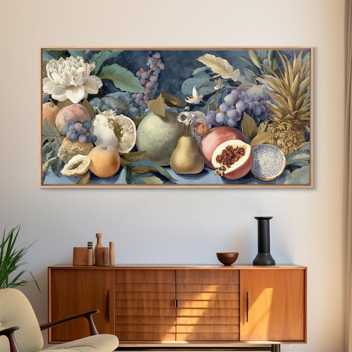 Tropical Fruit Market Arrangement Framed Canvas Print, Tropical Art, Decor, Living Room Decor, Fine Art, Tropic, Bird Art, TRO-2x1-83