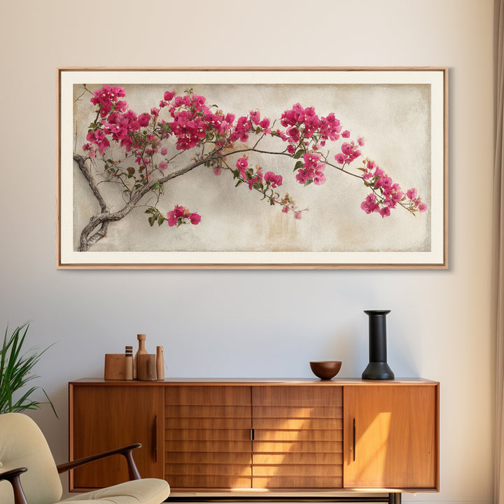 Pink Bougainvillea over White Wall Framed Canvas Print, Tropical Art, Abstract Painting, Living Room Decor, Fine Art, Tropic, TRO-2x1-84