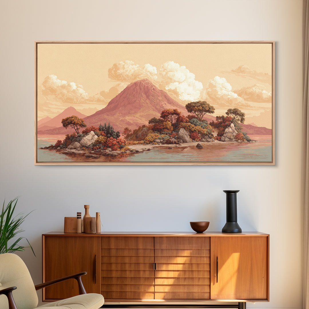 Island Volcano with Lush Foreground Framed Canvas Print, Tropical Art, Set of 3 Prints, Living Room Decor, Fine Art, Tropic, TRO-2x1-85