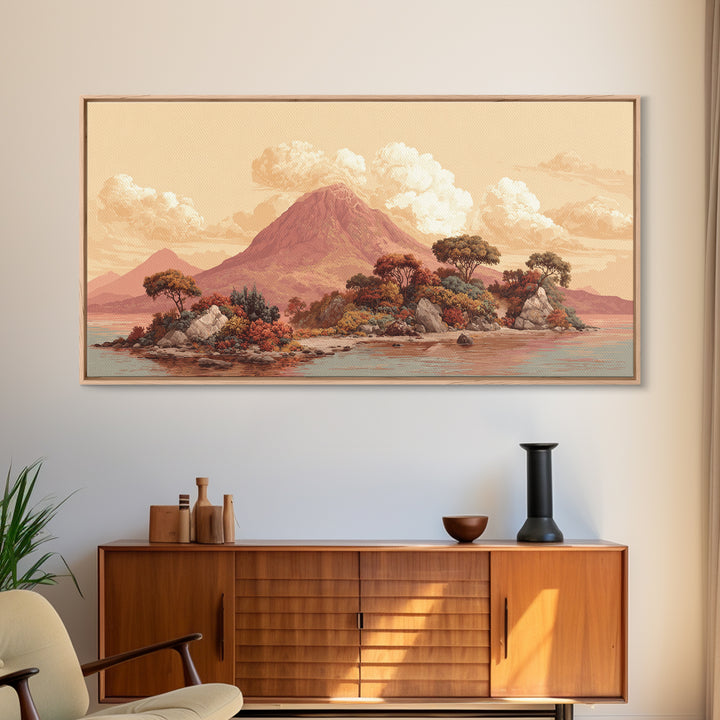 Island Volcano with Lush Foreground Framed Canvas Print, Tropical Art, Set of 3 Prints, Living Room Decor, Fine Art, Tropic, TRO-2x1-85