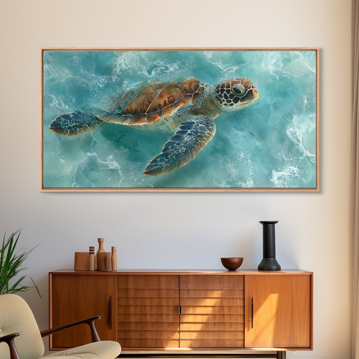 Sea Turtle Near Tropical Reef Framed Canvas Print, Tropical Art, Trendy Wall Art, Living Room Decor, Fine Art, Tropic, TRO-2x1-87