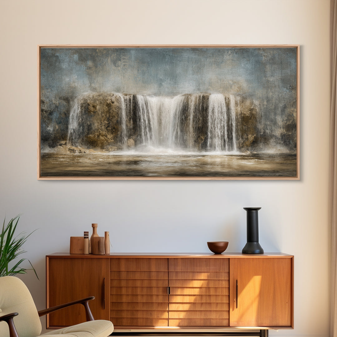Jungle Waterfall with Misty Light Framed Canvas Print, Tropical Art, Digital Prints, Living Room Decor, Fine Art, Tropic, TRO-2x1-9