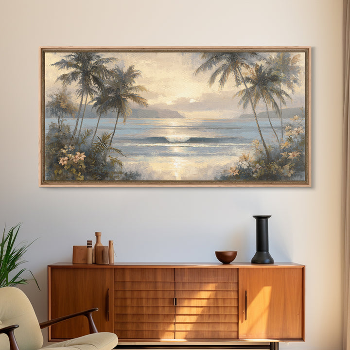 Sunset Surf Scene Framed Canvas Print, Tropical Art, Digital Art, Living Room Decor, Oil Painting, Tropic, Watercolor Art, TRO-2x1-90