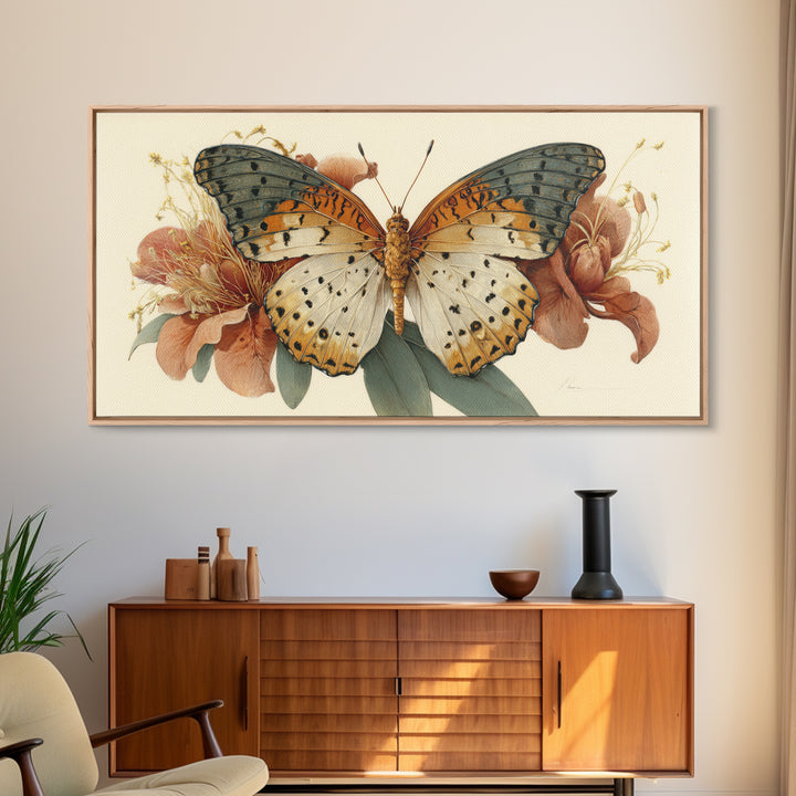 Tropical Butterfly and Flower Study Framed Canvas Print, Tropical Art, Digital Print, Living Room Decor, Fine Art, Tropic, TRO-2x1-91