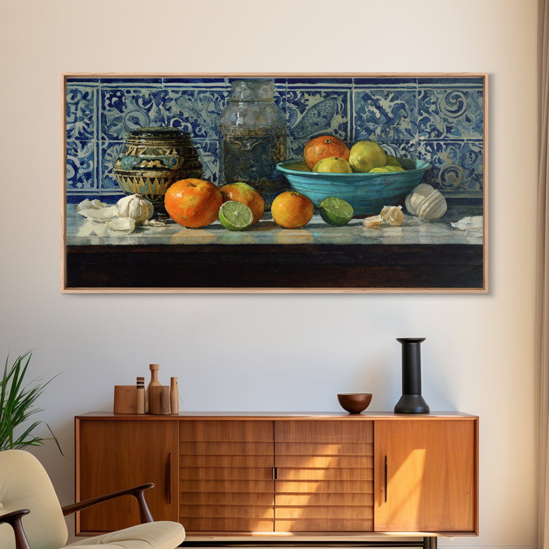 Bright Papaya and Lime Still Life Framed Canvas Print, Tropical Art, Watercolor Painting, Living Room Decor, Oil Painting, TRO-2x1-92