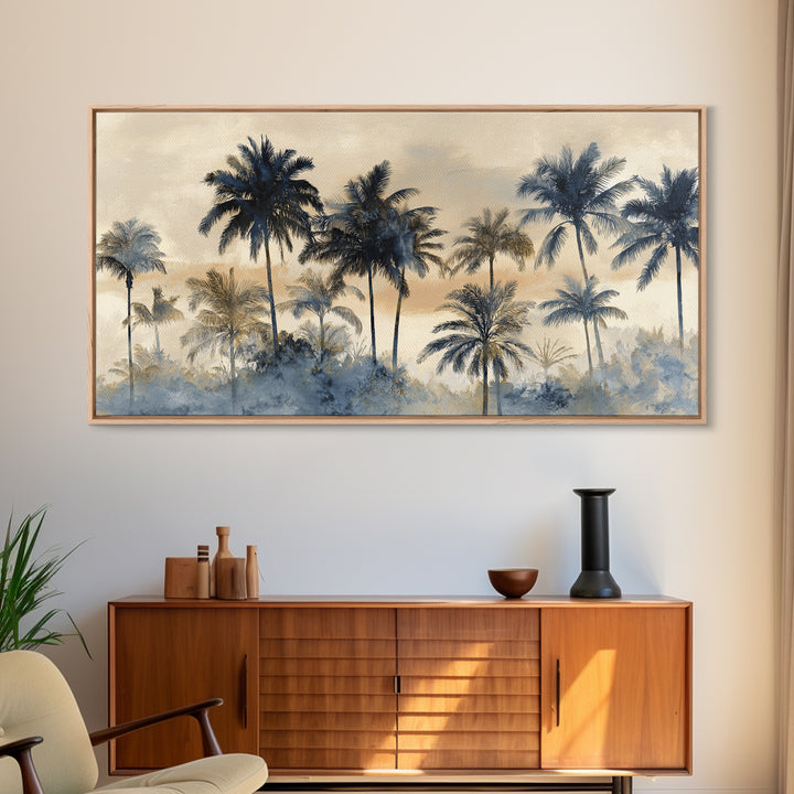 Palm Tree Silhouettes Framed Canvas Print, Tropical Art, Beach Decor, Living Room Decor, Oil Painting, Tropic, Fine Art Print, TRO-2x1-96