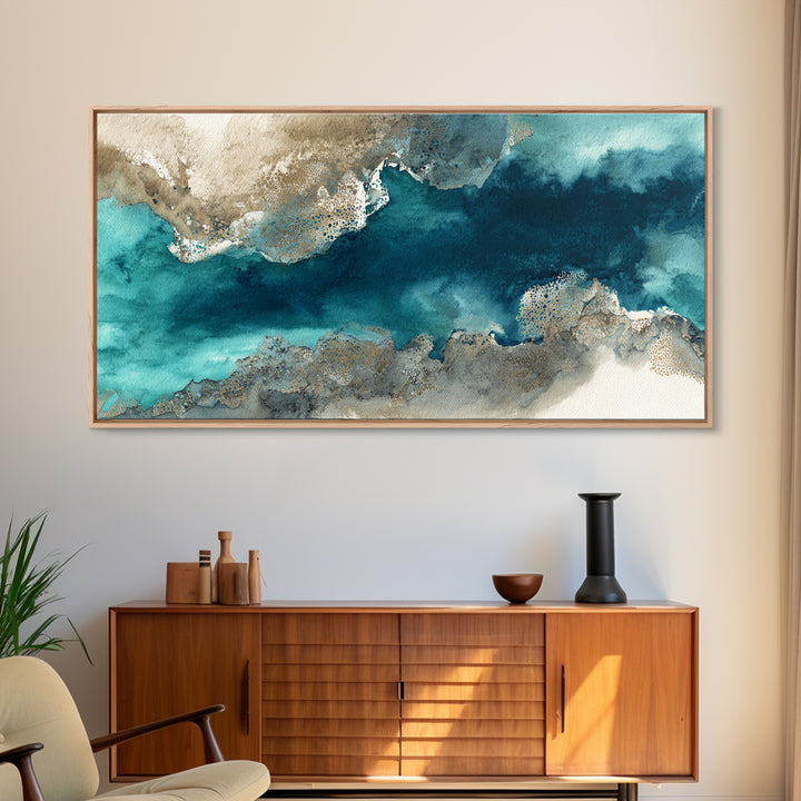 Tropical Lagoon with Turquoise Water Framed Canvas Print, Tropical Art, Abstract Painting, Living Room Decor, Fine Art, Tropic, TRO-2x1-99