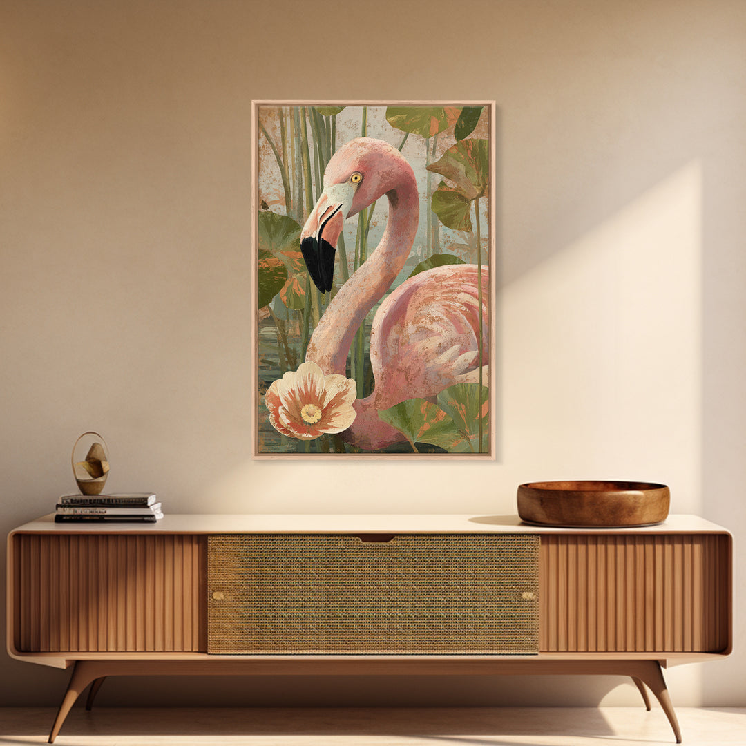 Pink Flamingos Among Tropical Water Plants Canvas Print, Tropical Art, Contemporary Art, Living Room Decor, Fine Art, Tropic, TRO-2x3-10