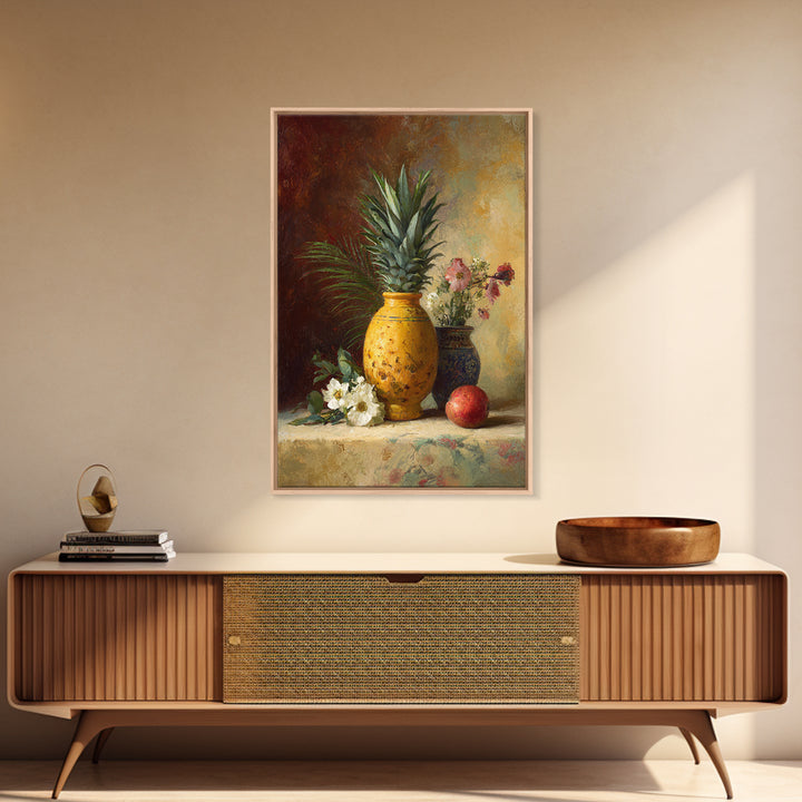 Pineapple and Palm Still Life Canvas Print, Tropical Art, Wall Art, Living Room Decor, Oil Painting, Tropic, Pink Wall Art, TRO-2x3-14