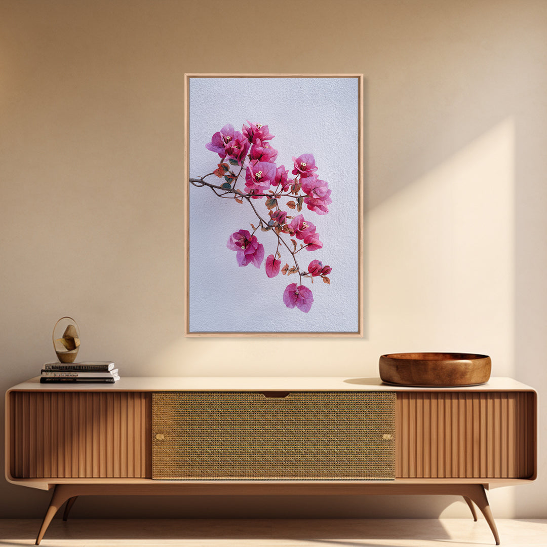 Pink Bougainvillea over White Wall Framed Canvas Print, Tropical Art, Modern Decor, Living Room Decor, Fine Art, Tropic, TRO-2x3-24