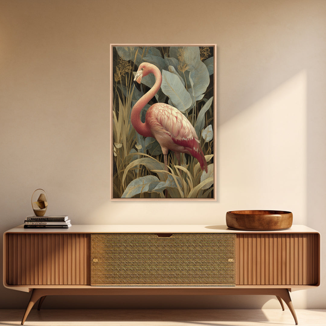 Pink Flamingos Among Tropical Water Plants Framed Canvas Print, Tropical Art, Print, Living Room Decor, Fine Art, Tropic, TRO-2x3-34