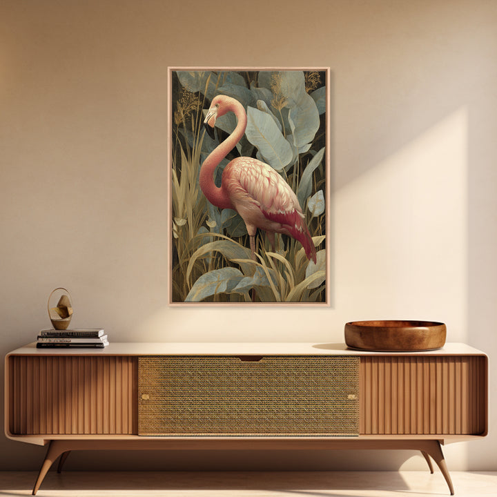 Pink Flamingos Among Tropical Water Plants Framed Canvas Print, Tropical Art, Print, Living Room Decor, Fine Art, Tropic, TRO-2x3-34