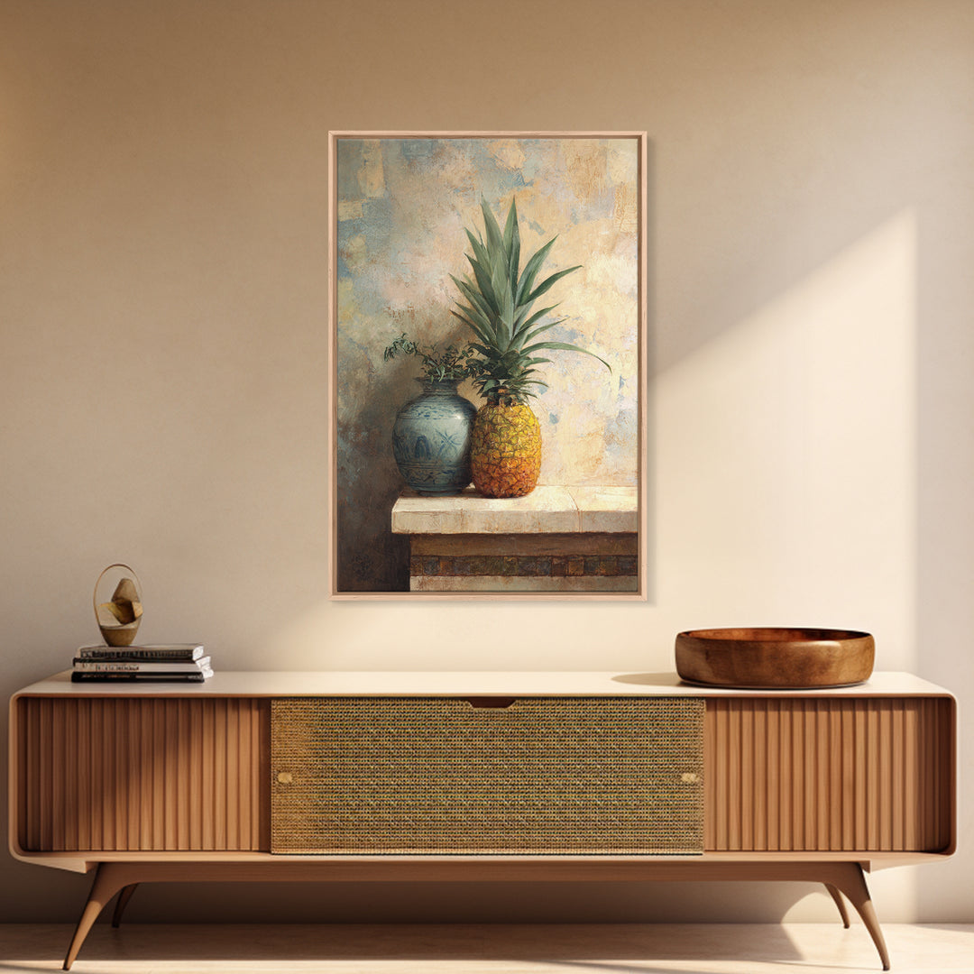 Pineapple and Palm Still Life Framed Canvas Print, Tropical Art, Art Print, Living Room Decor, Tropic, Abstract Painting, TRO-2x3-38