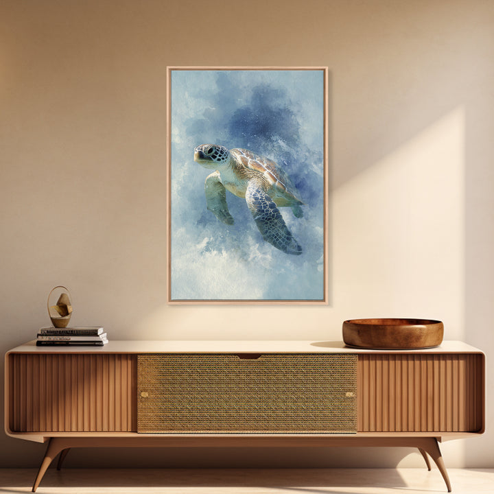 Sea Turtle Near Tropical Reef Framed Canvas Print, Tropical Art, Digital Art, Living Room Decor, Oil Painting, Tropic, TRO-2x3-51