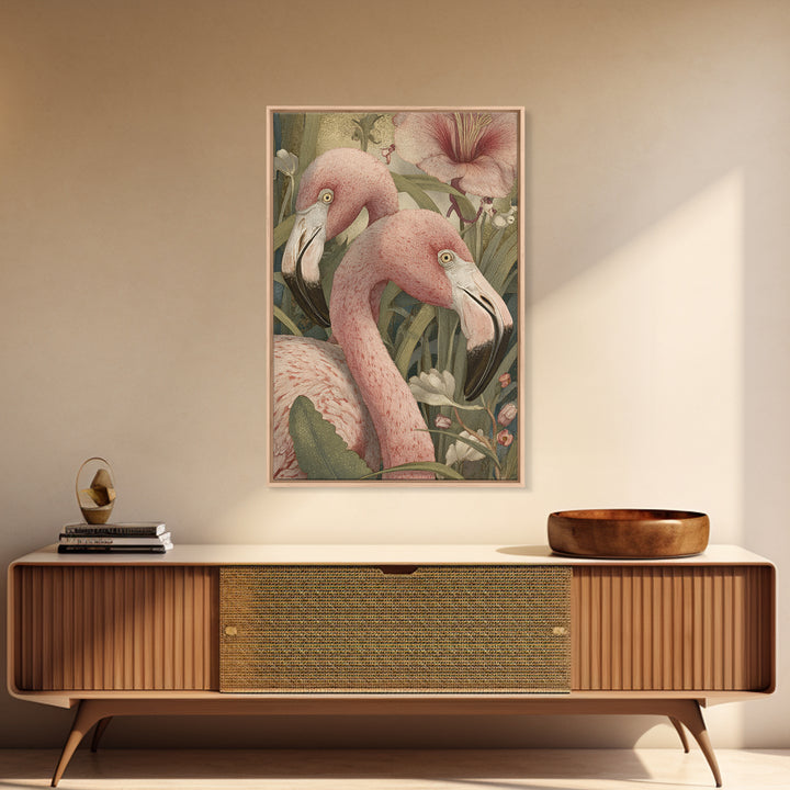 Pink Flamingos Among Tropical Water Plants Canvas Print, Tropical Art, Digital Print, Living Room Decor, Fine Art, Tropic, TRO-2x3-58