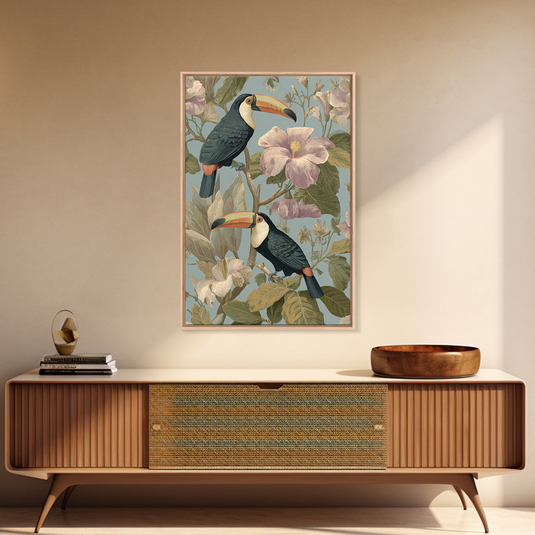 Toucans Surrounded by Bright Jungle Flowers Canvas Print, Tropical Art, Watercolor Painting, Living Room Decor, Tropic, TRO-2x3-59