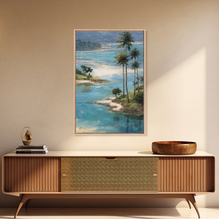 Tropical Lagoon with Turquoise Water Framed Canvas Print, Tropical Art, Bird Art, Living Room Decor, Watercolor Art, Tropic, TRO-2x3-63