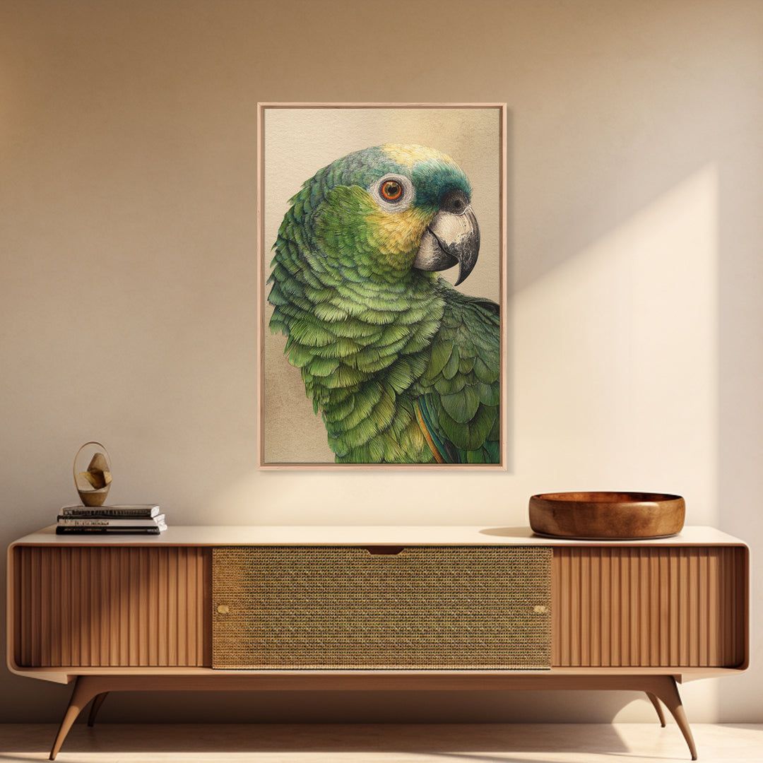 Parrot Portrait with Emerald Feathers Framed Canvas Print, Tropical Art, Print, Living Room Decor, Oil Painting, Tropic, TRO-2x3-64
