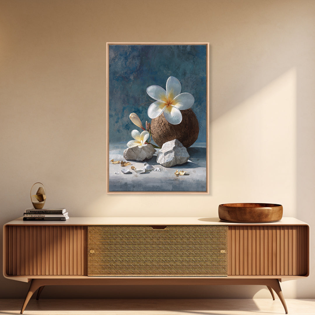 Coconut and Plumeria Still Life Framed Canvas Print, Tropical Art, Coastal Wall Art, Living Room Decor, Fine Art, Tropic, TRO-2x3-68