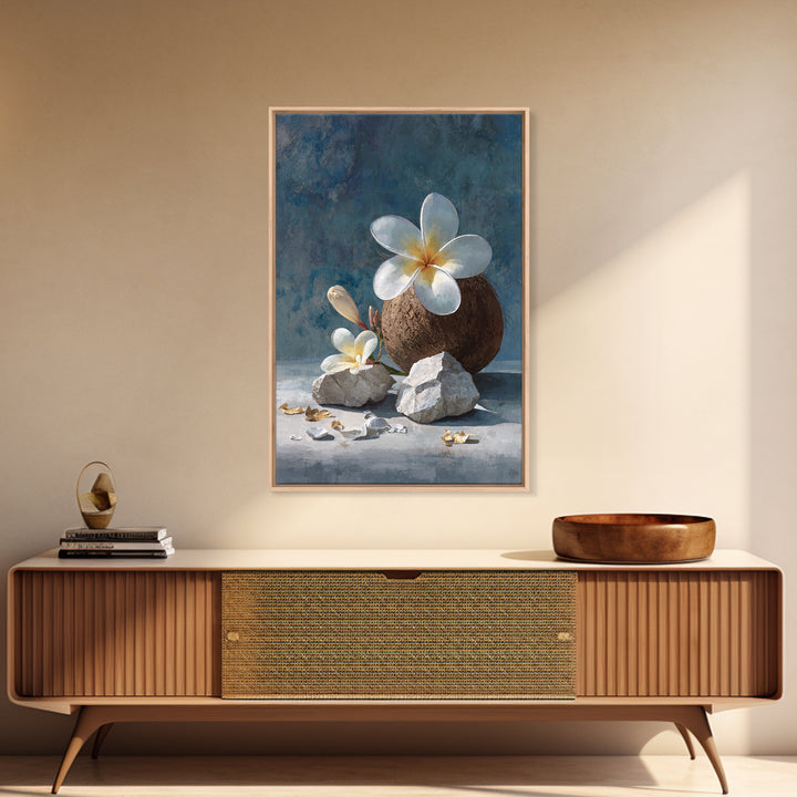 Coconut and Plumeria Still Life Framed Canvas Print, Tropical Art, Coastal Wall Art, Living Room Decor, Fine Art, Tropic, TRO-2x3-68