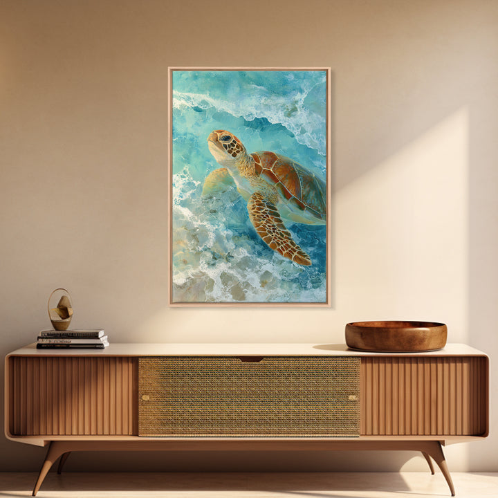 Sea Turtle Near Tropical Reef Framed Canvas Print, Tropical Art, Abstract Painting, Living Room Decor, Fine Art, Tropic, TRO-2x3-75