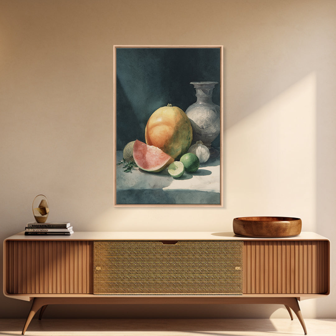 Bright Papaya and Lime Still Life Framed Canvas Print, Tropical Art, Botanical Art, Living Room Decor, Oil Painting, Tropic, TRO-2x3-8