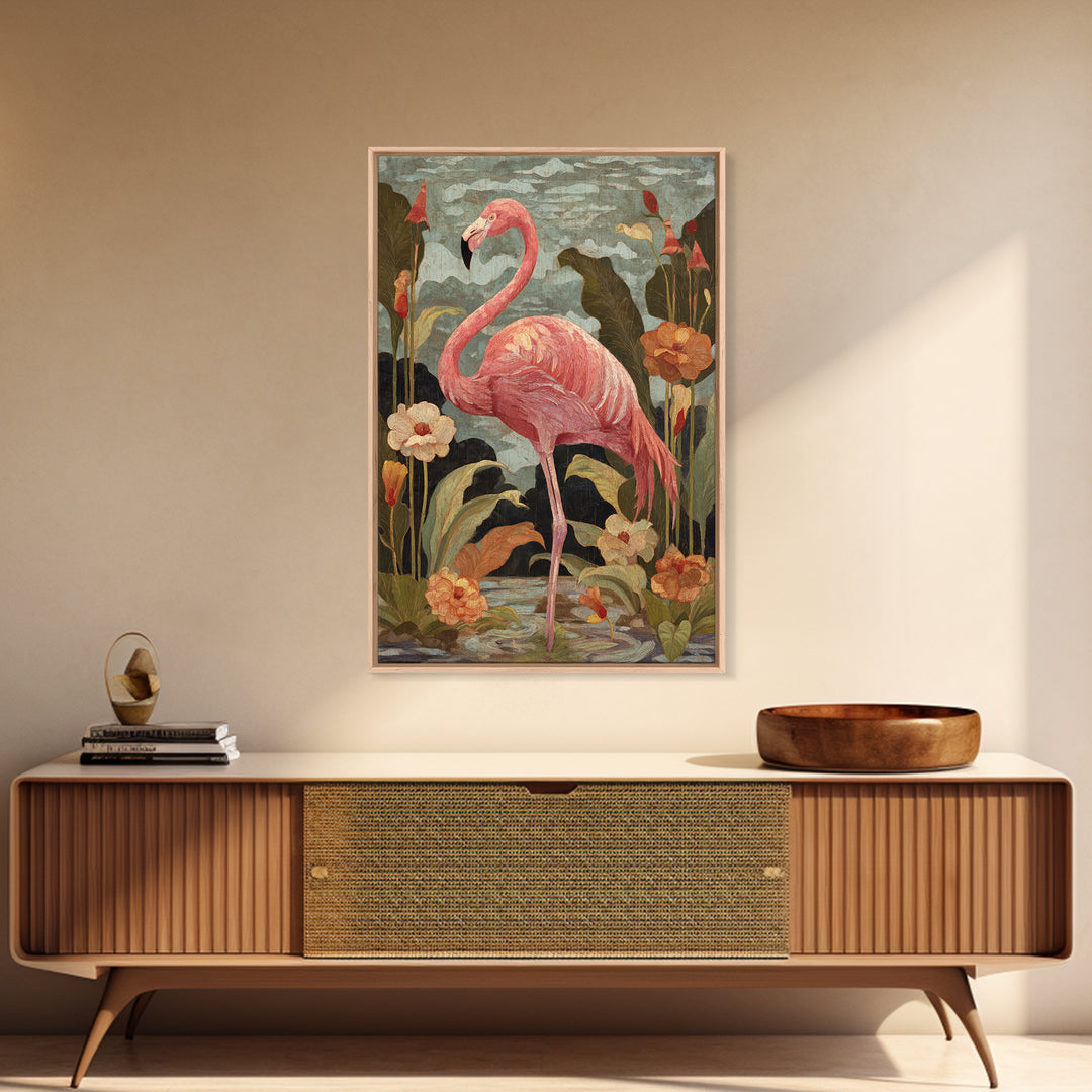 Pink Flamingos Among Tropical Water Plants Canvas Print, Tropical Art, Digital Print, Living Room Decor, Fine Art, Tropic, TRO-2x3-82