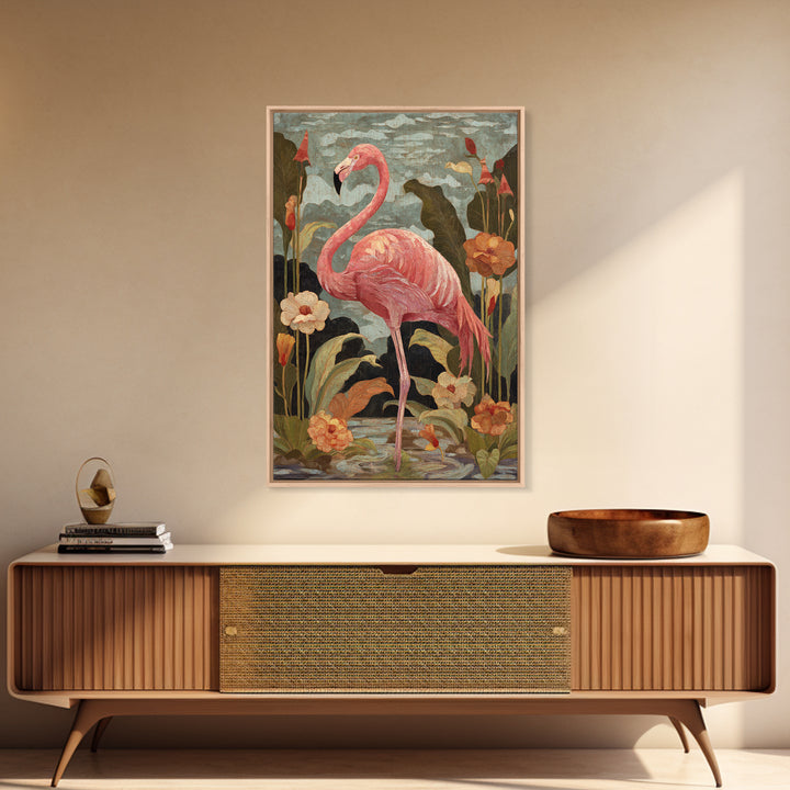 Pink Flamingos Among Tropical Water Plants Canvas Print, Tropical Art, Digital Print, Living Room Decor, Fine Art, Tropic, TRO-2x3-82