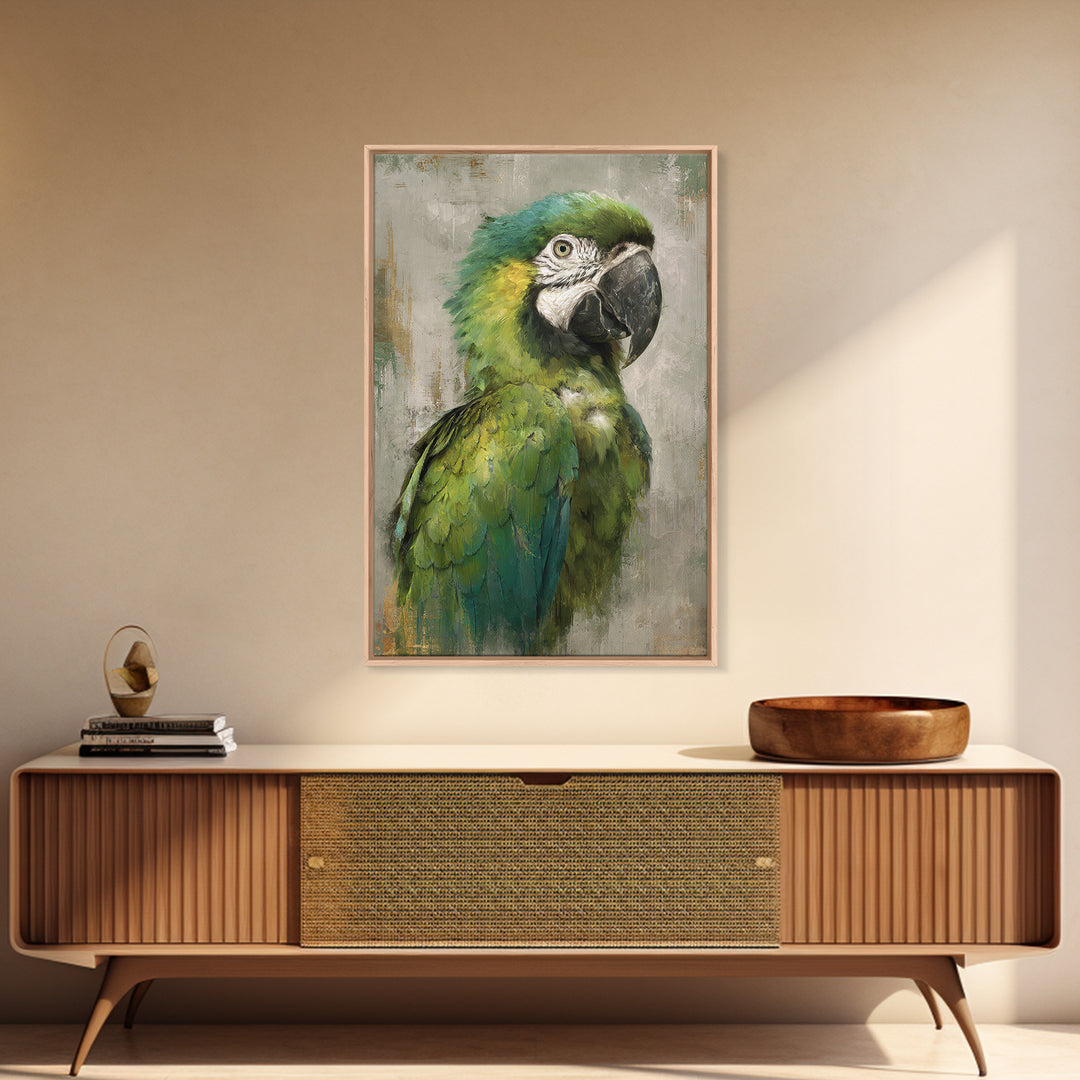 Parrot Portrait with Emerald Feathers Framed Canvas Print, Tropical Art, Set of 3 Prints, Living Room Decor, Fine Art, Tropic, TRO-2x3-88