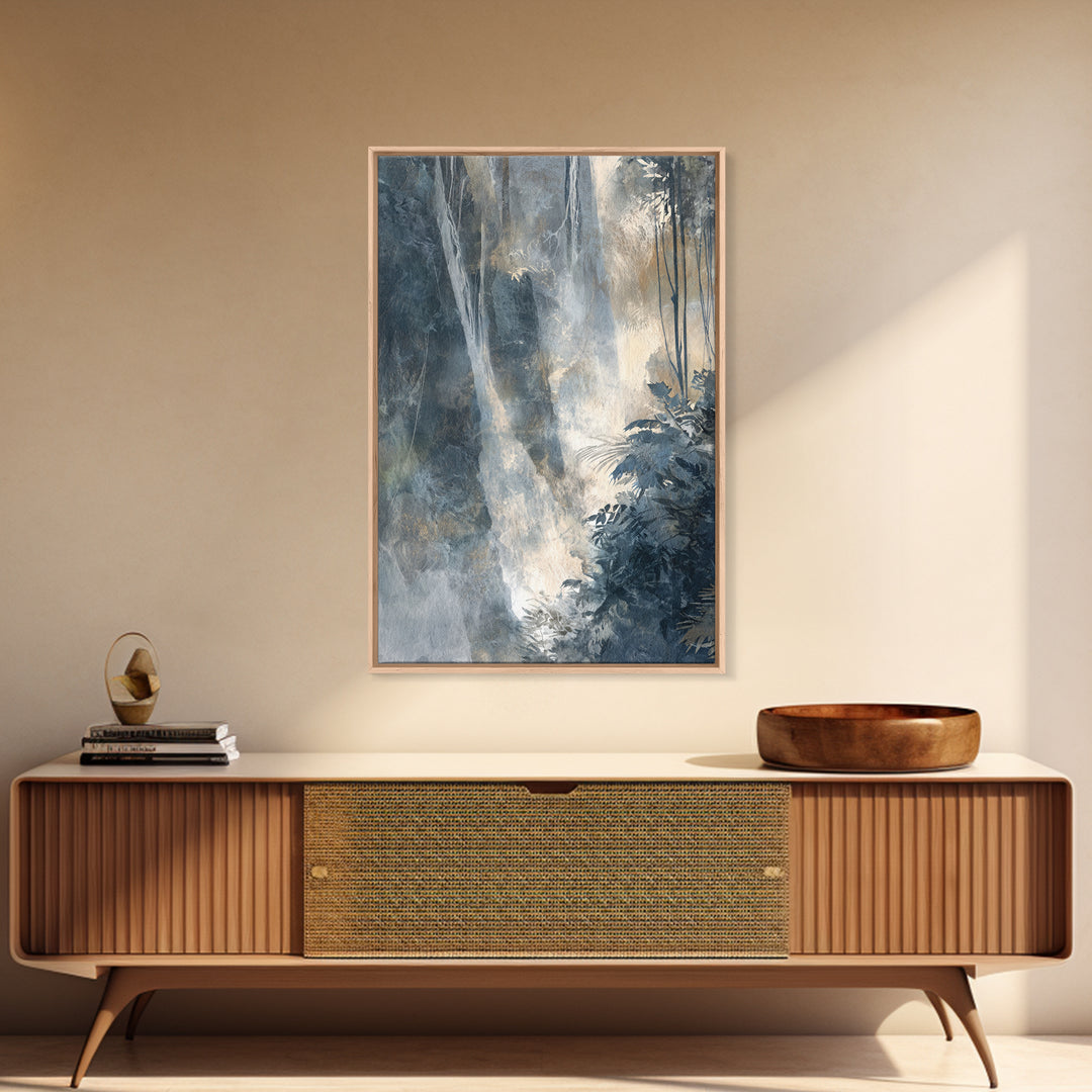 Jungle Waterfall with Misty Light Framed Canvas Print, Tropical Art, Abstract Painting, Living Room Decor, Fine Art, Tropic, TRO-2x3-93