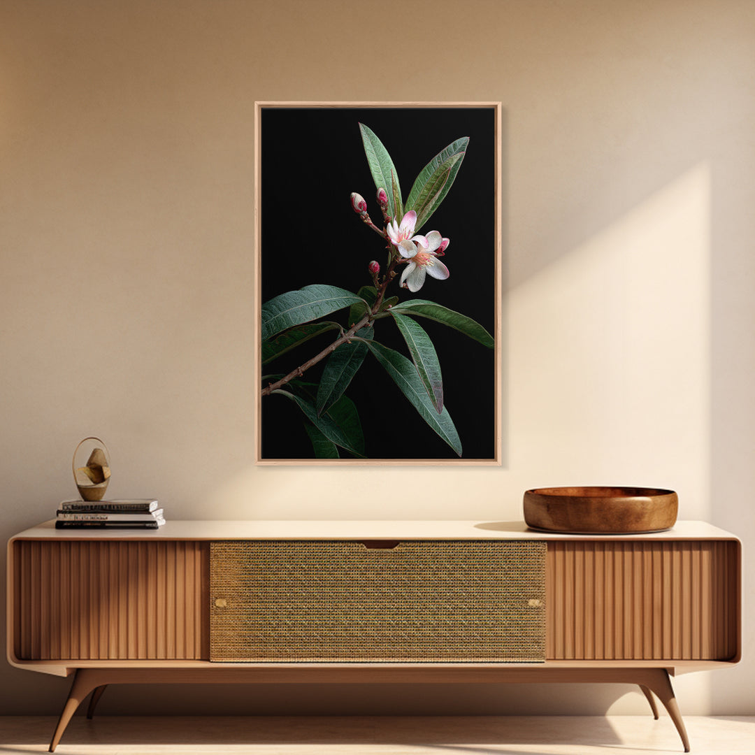 Mango Branch with Leaves and Flowers Framed Canvas Print, Tropical Art, Living Room Decor, Watercolor Art, Tropic, TRO-2x3-98