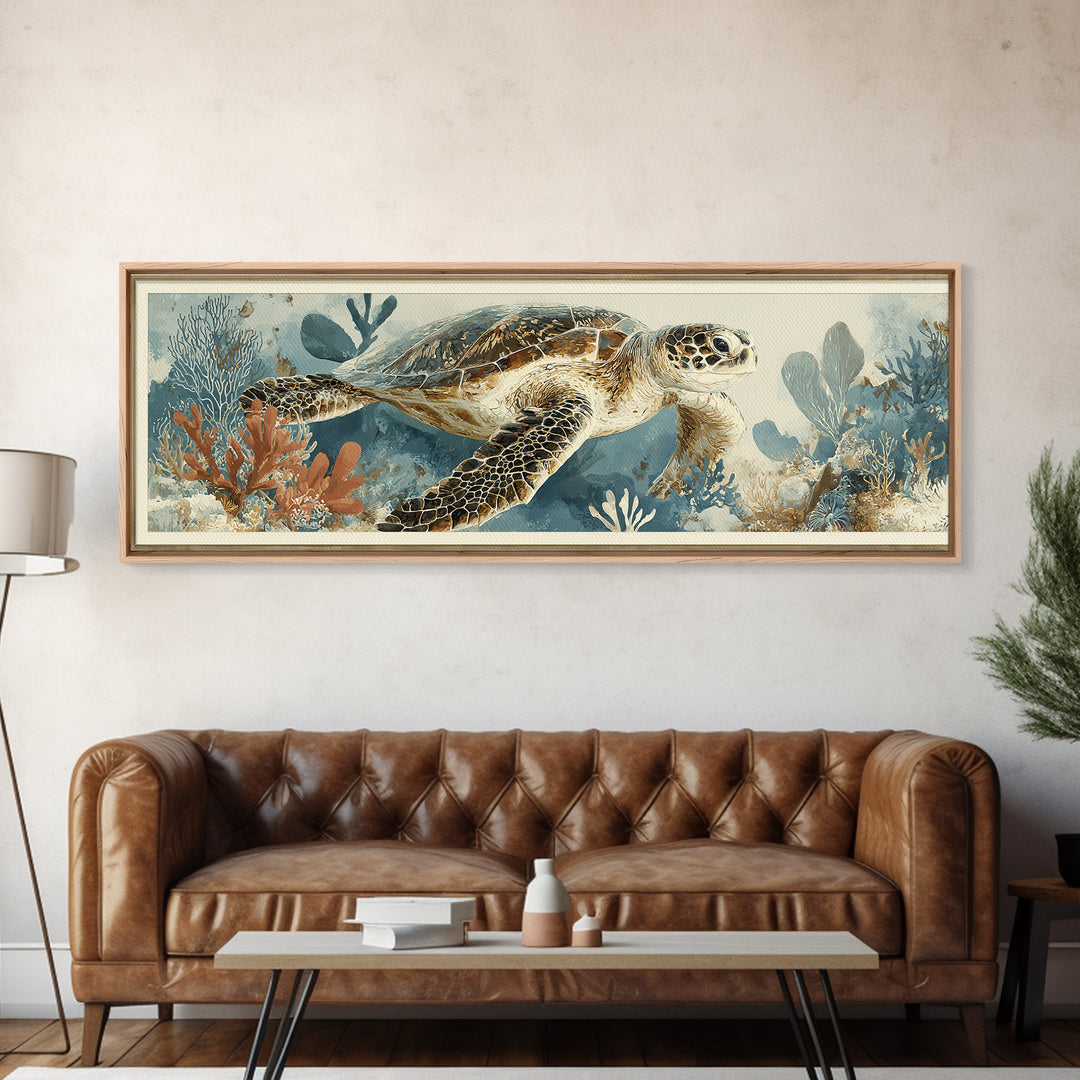 Sea Turtle Near Tropical Reef Canvas Print, Tropical Art, Beach Prints, Living Room Decor, Watercolor Art, Tropic, TRO-3x1-11