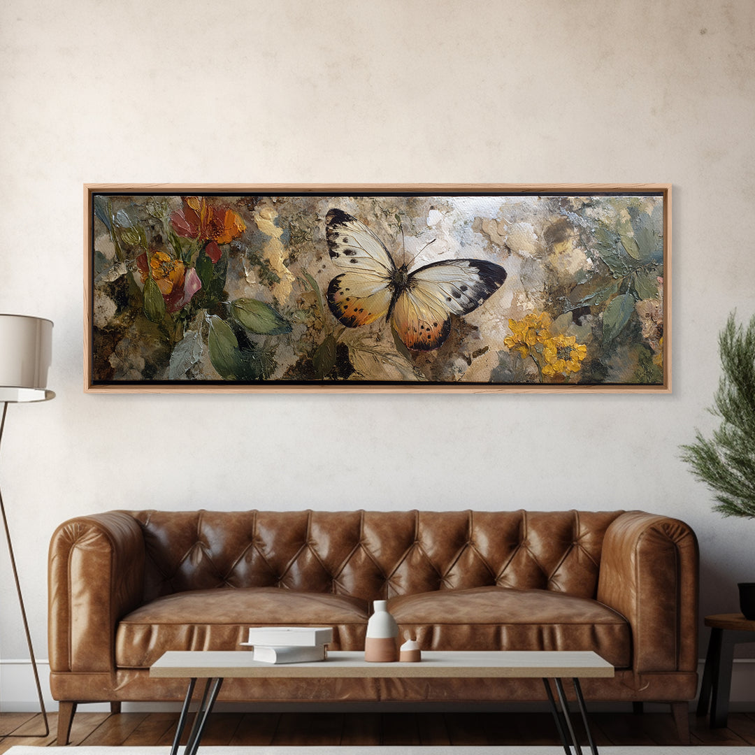 Tropical Butterfly and Flower Study Framed Canvas Print, Tropical Art, Gallery Decor, Living Room Decor, Fine Art, Tropic, TRO-3x1-15