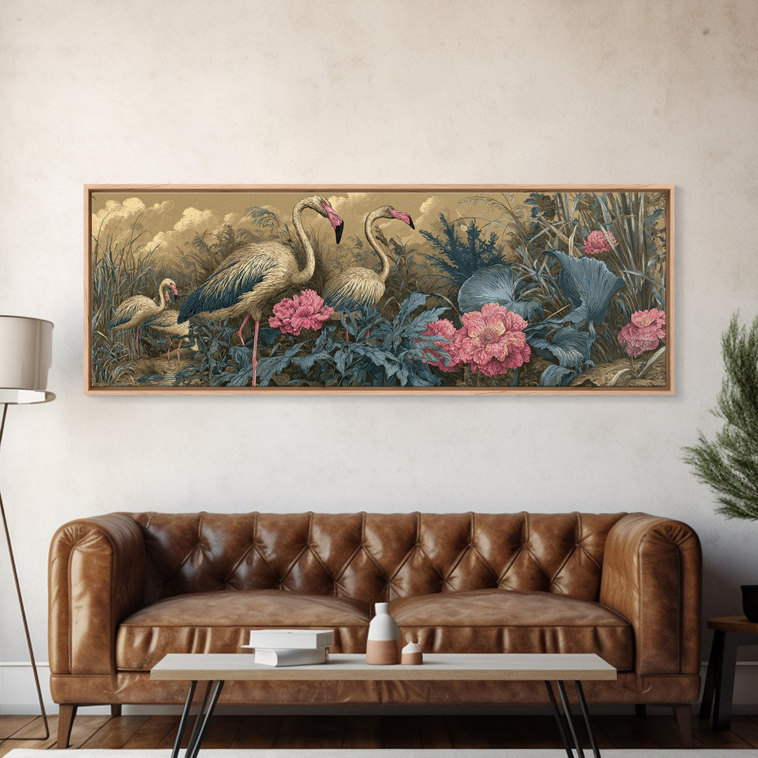 Pink Flamingos Among Tropical Water Plants Framed Canvas Print, Tropical Art, Oversized Wall Art, Living Room Decor, Tropic, TRO-3x1-18