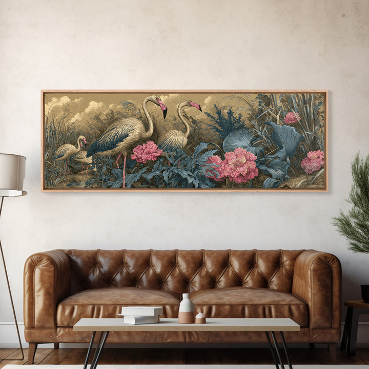 Pink Flamingos Among Tropical Water Plants Framed Canvas Print, Tropical Art, Oversized Wall Art, Living Room Decor, Tropic, TRO-3x1-18