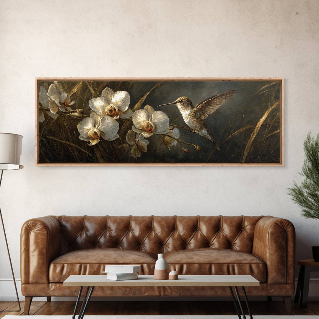 Orchid and Hummingbird Composition Framed Canvas Print, Tropical Art, Wall Art Prints, Living Room Decor, Fine Art, Tropic, TRO-3x1-2
