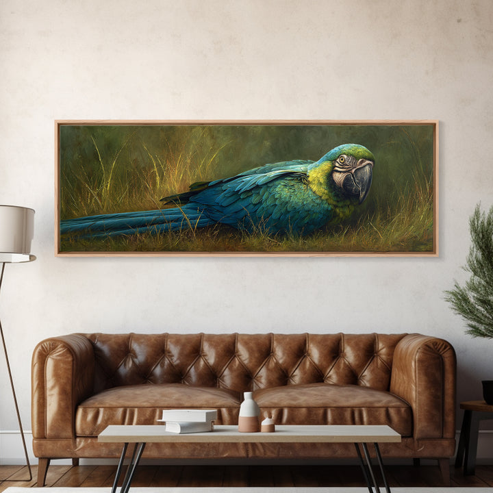 Parrot Portrait with Emerald Feathers Canvas Print, Tropical Art, Whimsical Art, Living Room Decor, Fine Art, Tropic, TRO-3x1-24