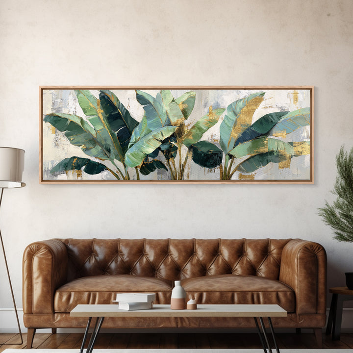 Banana Leaves Layered Canvas Print, Tropical Art, Beach Print, Living Room Decor, Abstract Art, Tropic, Textured Painting, TRO-3x1-25